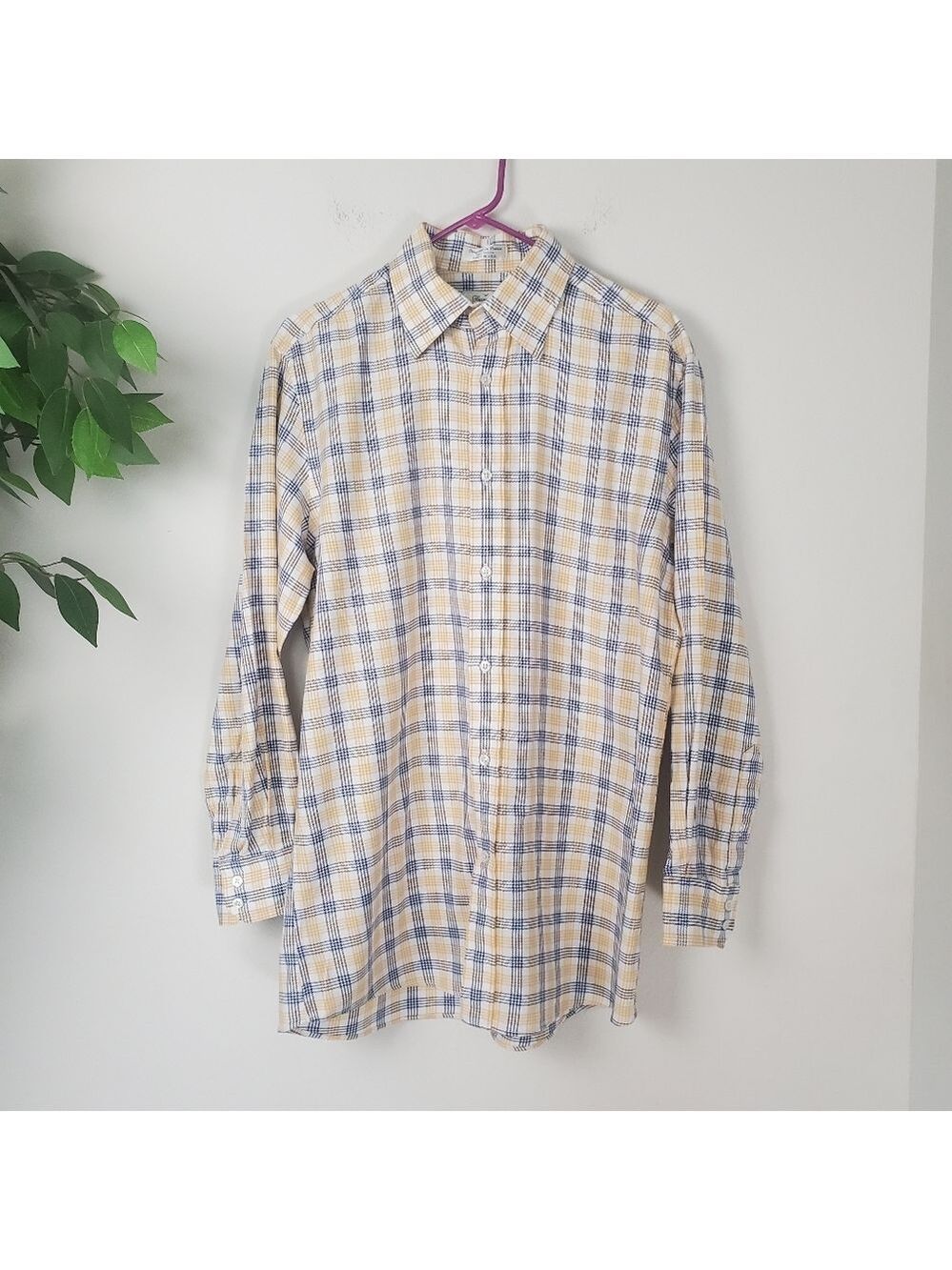 Faconnable Plaid Buttondown Long Sleeve Shirt Yellow Blue Size XL